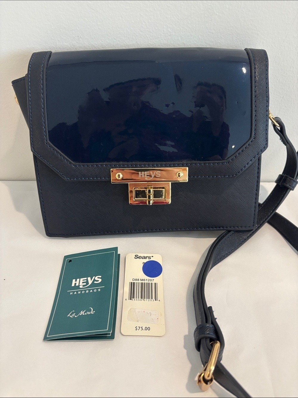 HEYS Crossbody Bag Glossy Navy blue Flap close turn lock removable strap - Picture 3 of 17